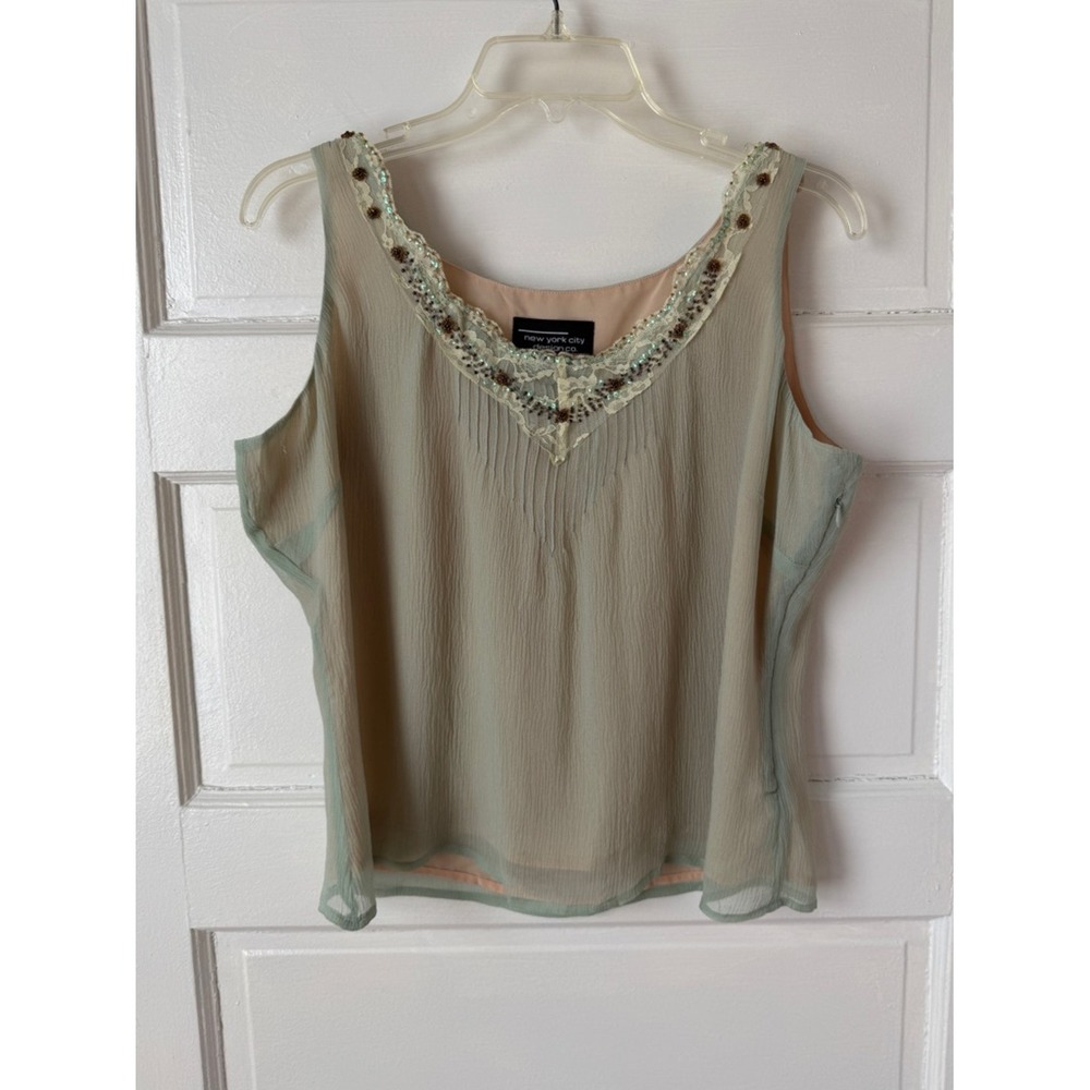 New York City Design co. Silk Sage Green Bead Embellished Y2K V-Neck Camisole Lg